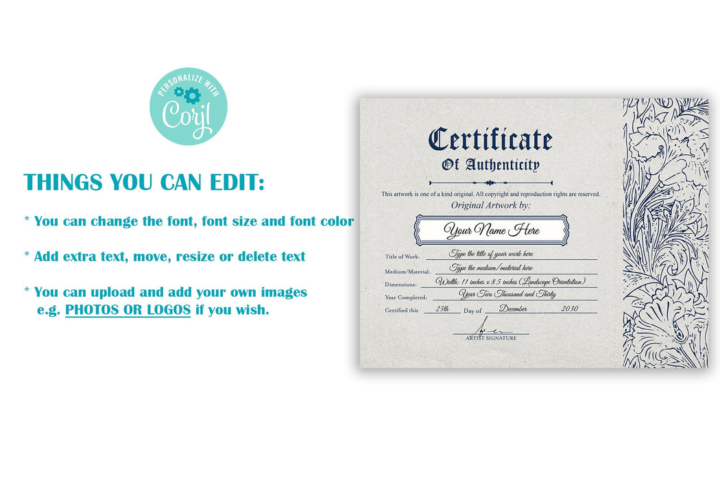 Customizable Certificate of Authenticity Template, Diy Editable Authenticity Certificate