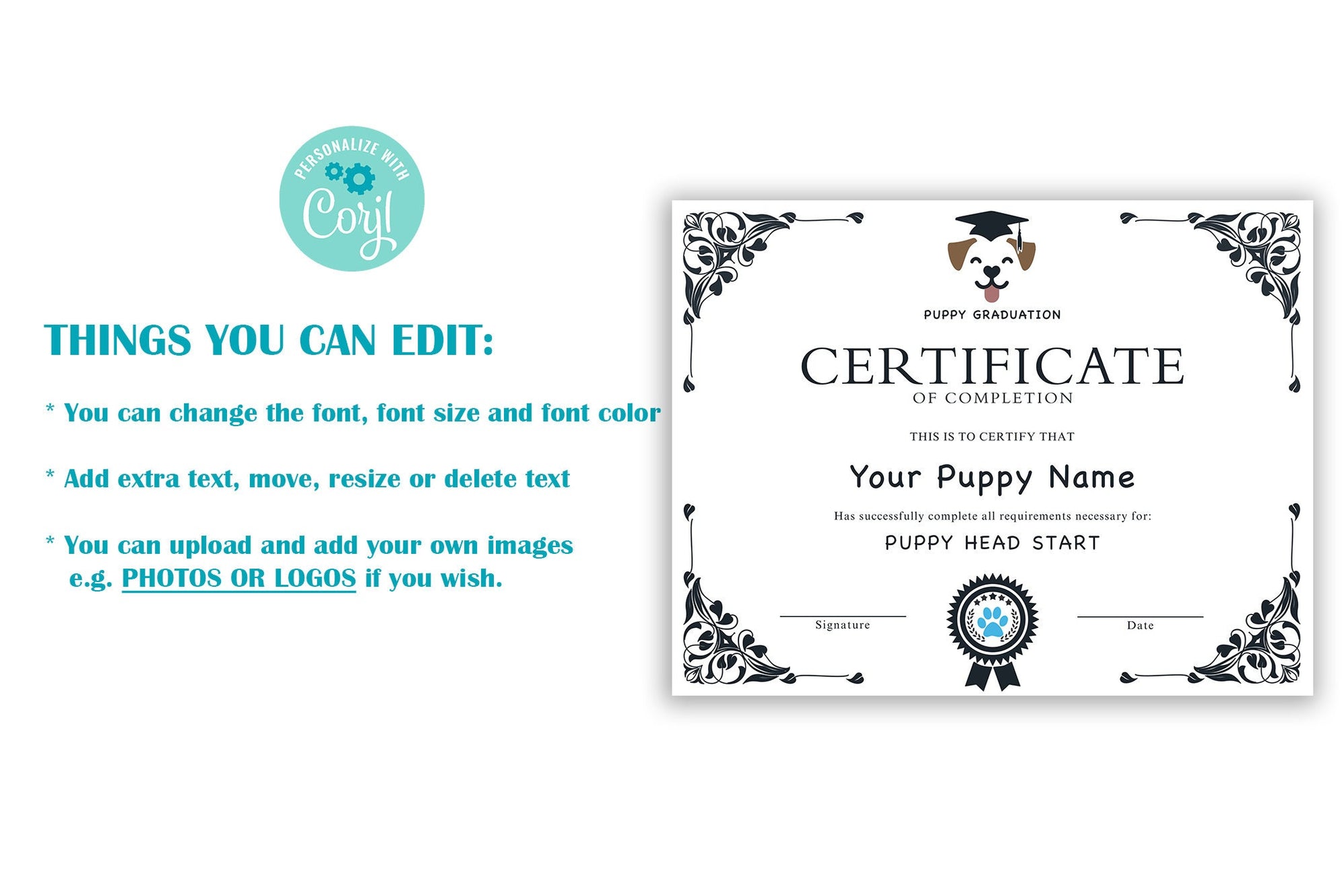 EDITABLE Puppy Dog Graduation Certificate Template, Downloadable Dog A ...