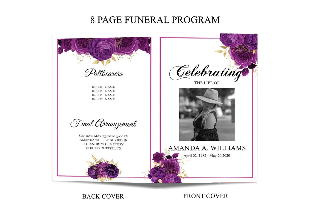 Editable 8 Page Purple Rose Funeral Program Template, Editable Template Memorial Service with Purple Roses