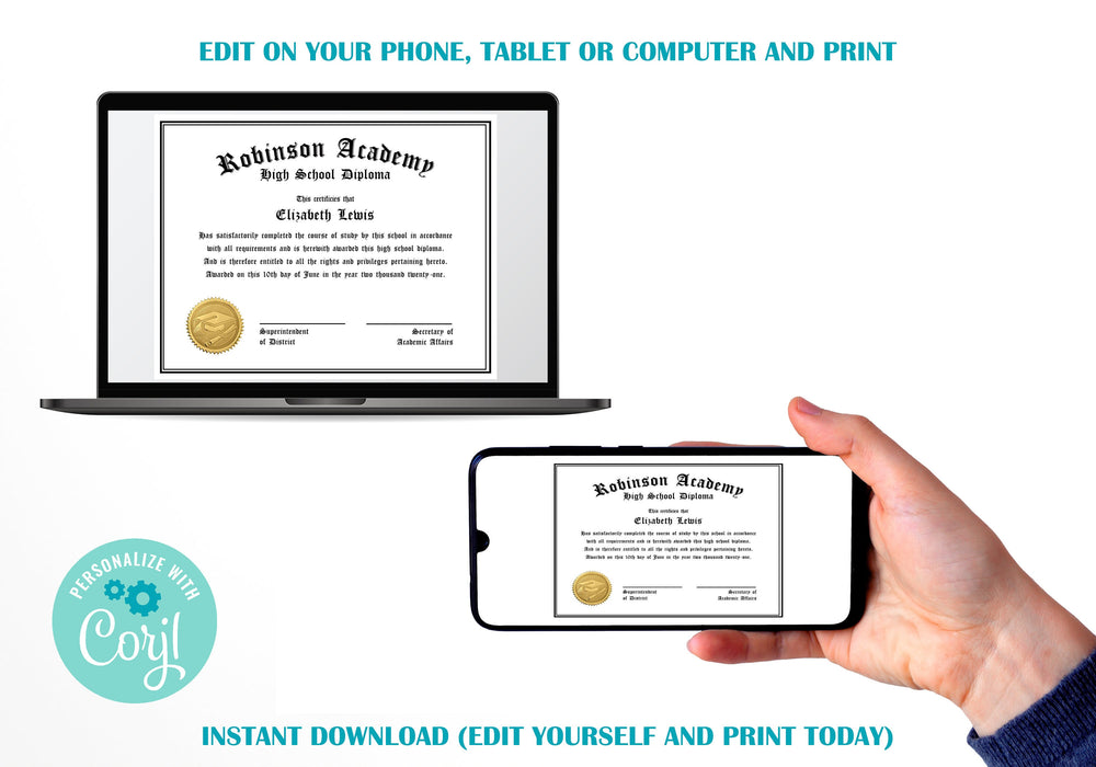 DIY Home School Diploma Template | Graduation Diploma Certificate, Printable High School Diploma Template