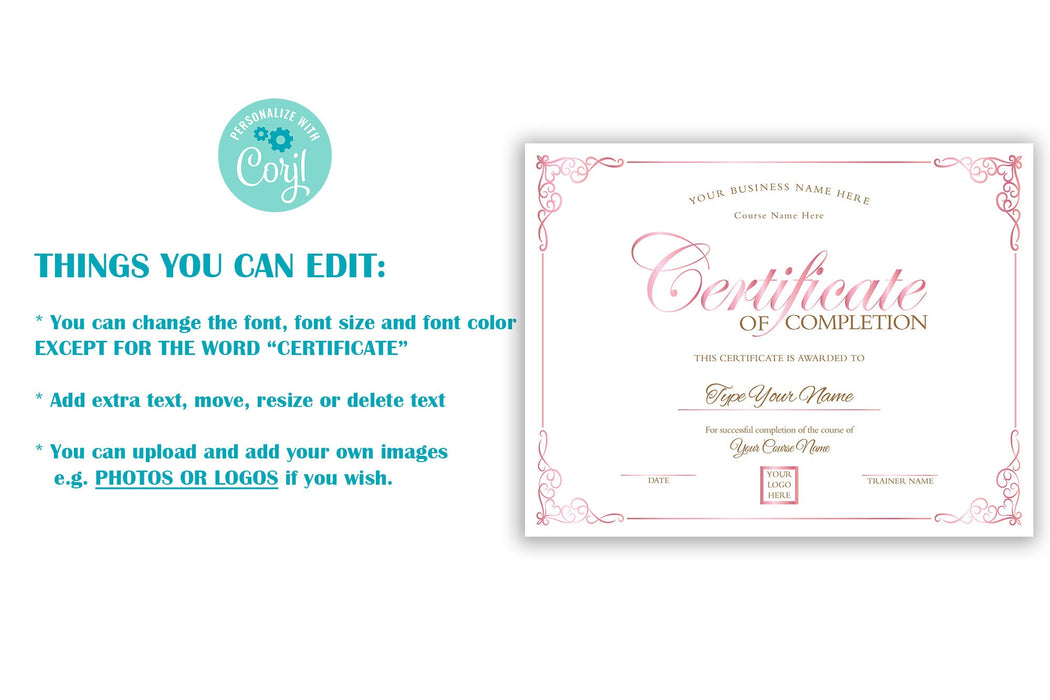Editable Certificate of Completion Template, Rose Gold Training Course Certificate Template