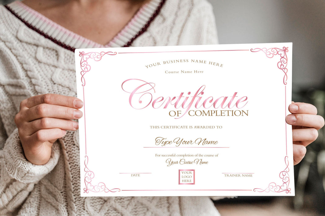 Editable Certificate of Completion Template, Rose Gold Training Course Certificate Template