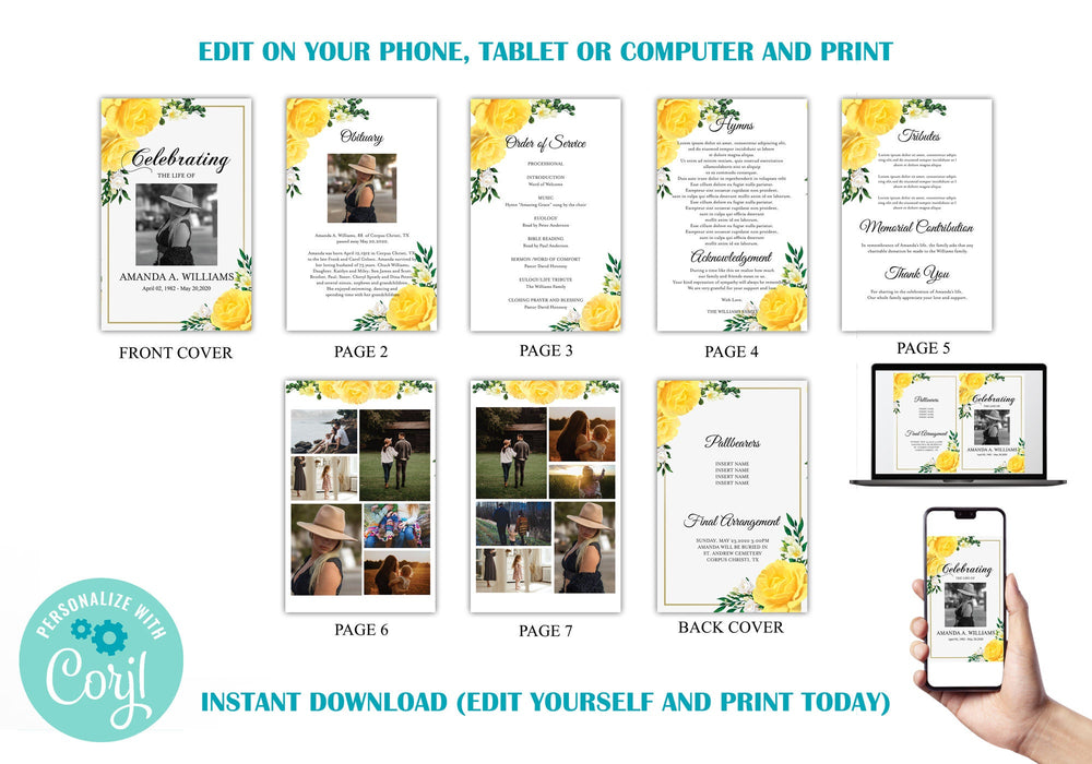 Editable 8 Page Funeral Program Download, Customizable Yellow Rose Funeral Template