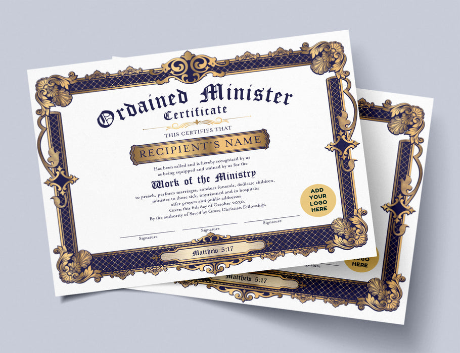 Editable Certificate of Ordination Template, DIY Ordained Minister Certificate, Blue and Gold DIY Editable Ministry Certificate