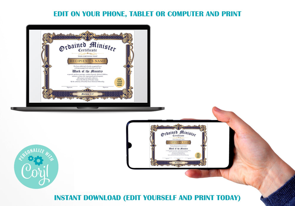 Editable Certificate of Ordination Template, DIY Ordained Minister Certificate, Blue and Gold DIY Editable Ministry Certificate