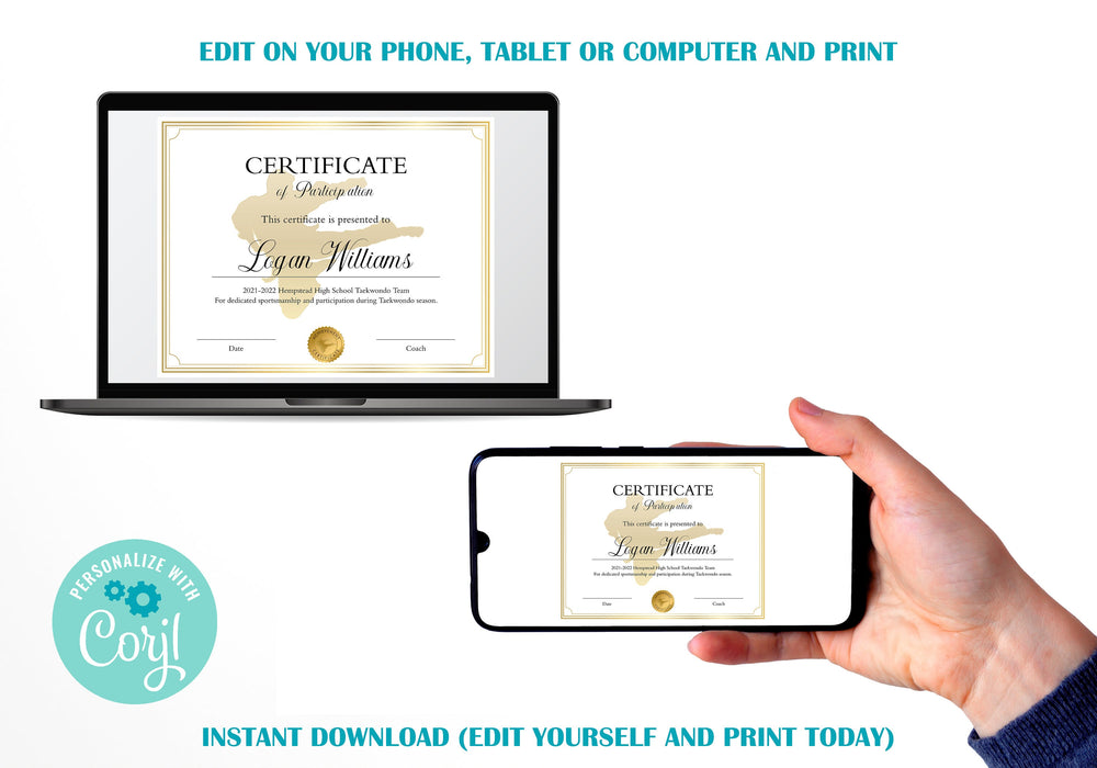 Editable Karate Certificate Template, DIY Karate Participation Award. Printable Karate Personalized Diploma Sports Award