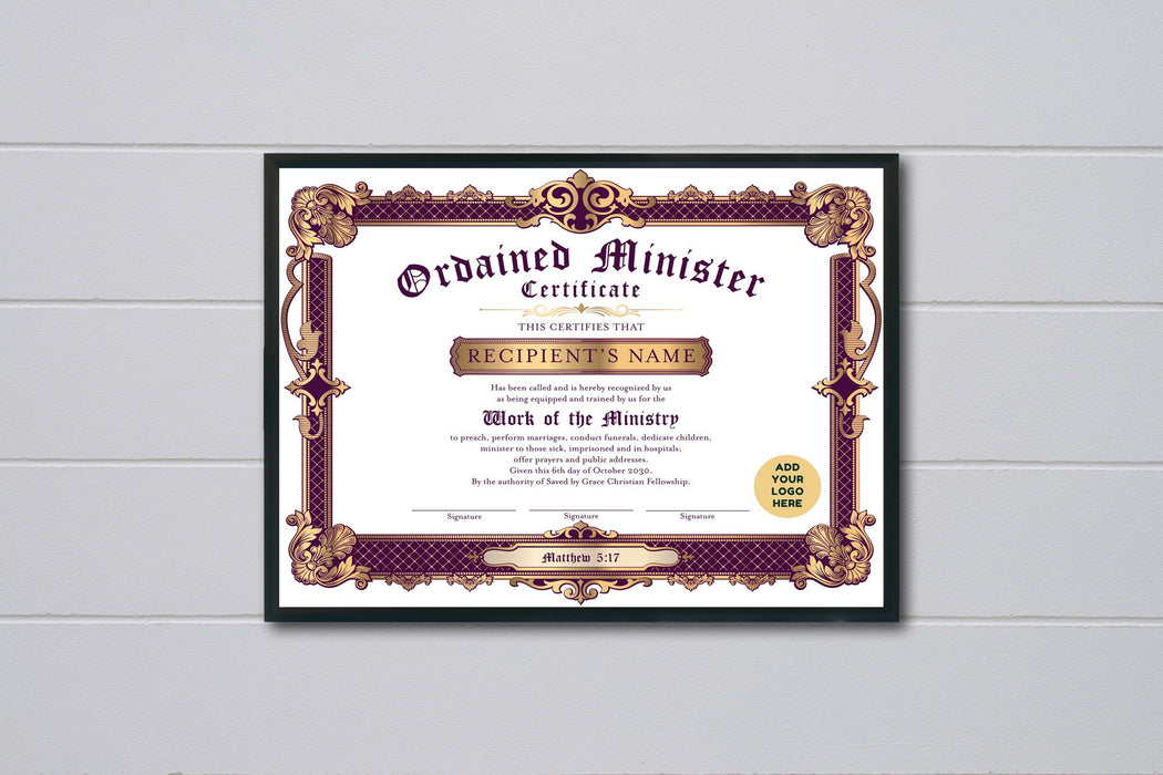 Editable Certificate of Ordination Minister Template, Purple and Gold DIY Printable Ministry Certificate