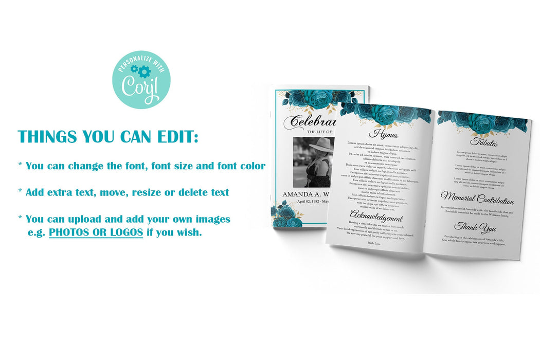 DIY 8 Page Turquoise Rose Funeral Program Template for Woman, Editable Template Memorial Service Template