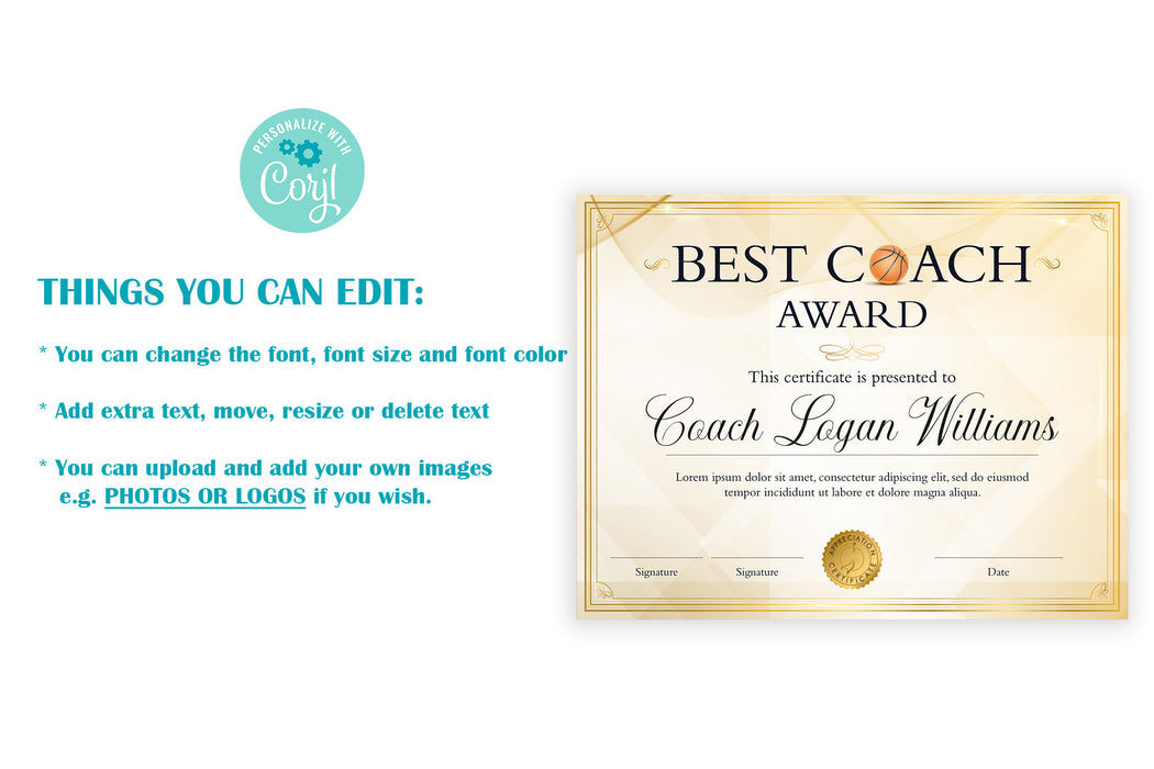 Downloadable Basketball Coach Certificate Template, Basketball Coach  of the Year Template, Basketball Coach Recognition Award, Sports Coach