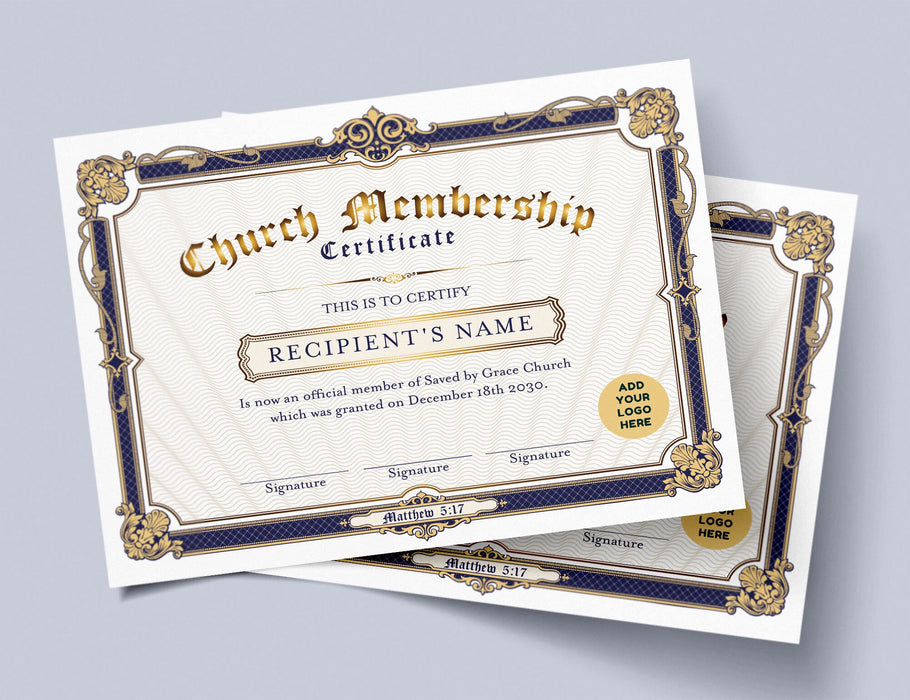Editable Church Membership Certificate Template, DIY Blue and Gold Church Member Certificate