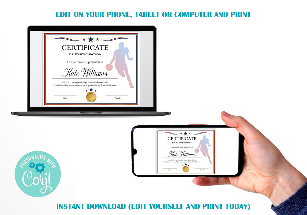 Editable Girl's Basketball Certificate Template, Customizable Red White Blue Basketball Participation Award, Sports Award