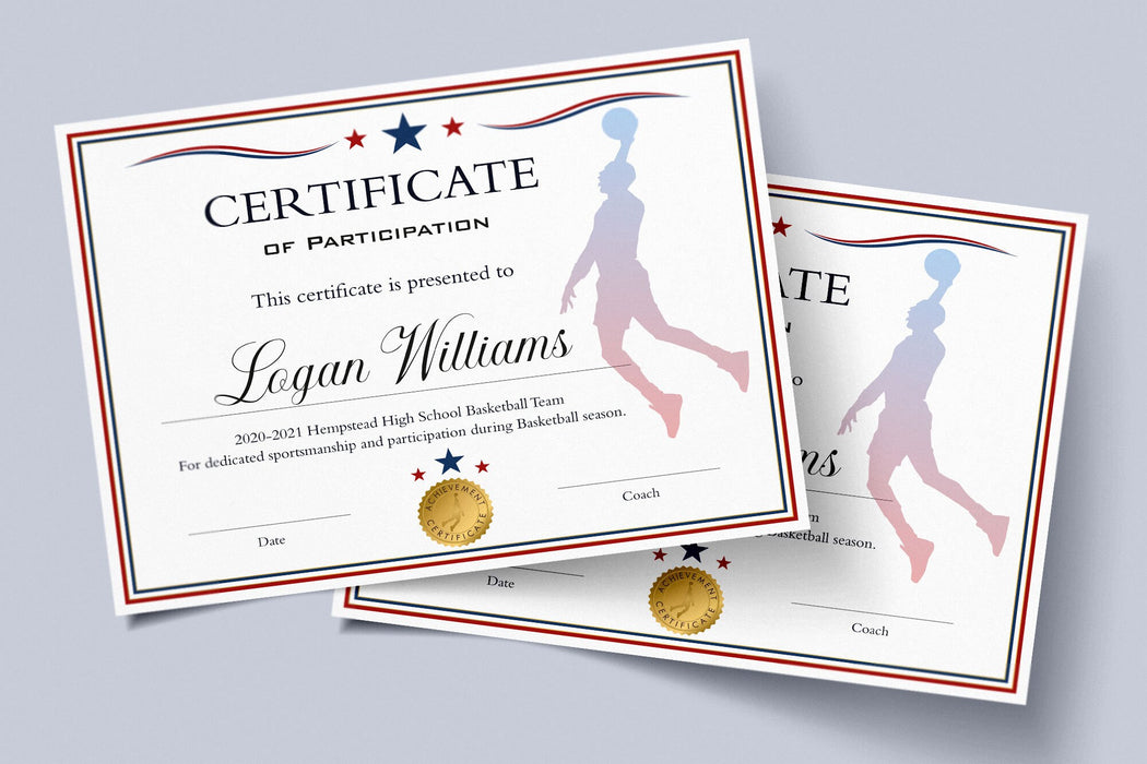 DIY Red White Blue Boys Basketball Certificate Template, Editable Basketball Participation Award, Sports Award