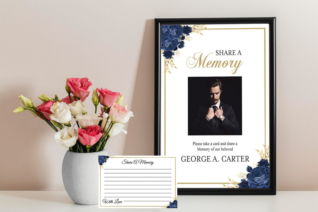 Editable Funeral Share a Memory Card and Sign, DIY Blue Rose Funeral Template, Funeral Keepsake