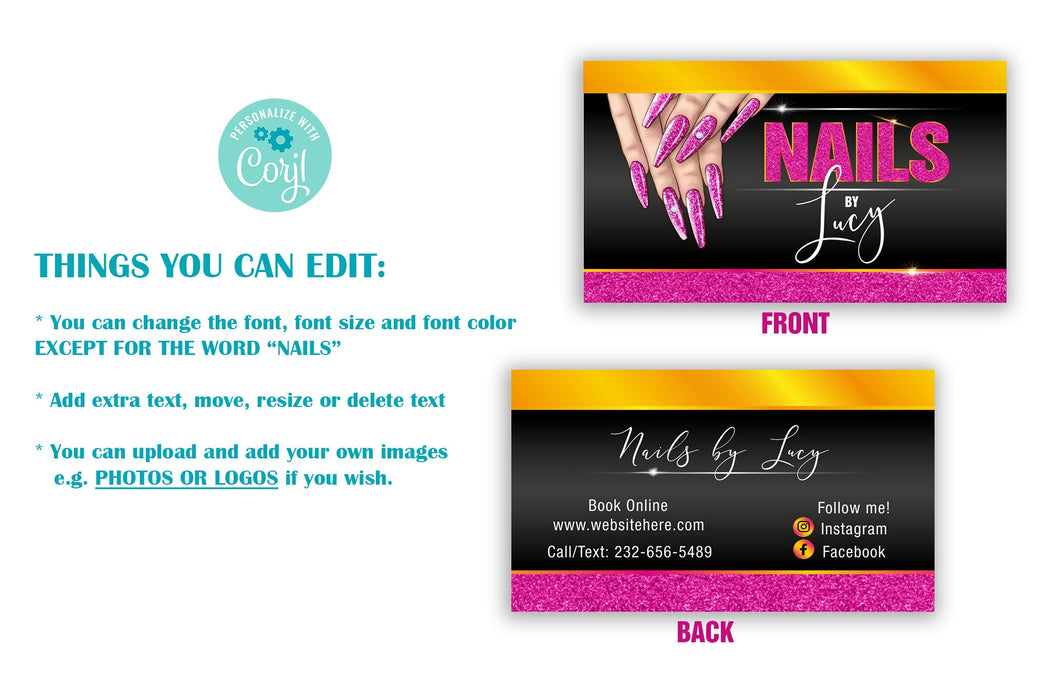 Downloadable Nail Salon Business Cards, Editable Nail Technician business card, Printable Nails Business Card |Nail Tech Business Card