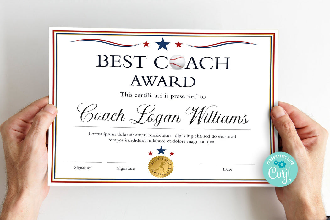 Downloadable Baseball Coach Certificate Template,  Best Baseball Coach of the Year Template, Baseball Coach Recognition Award, Sports Coach