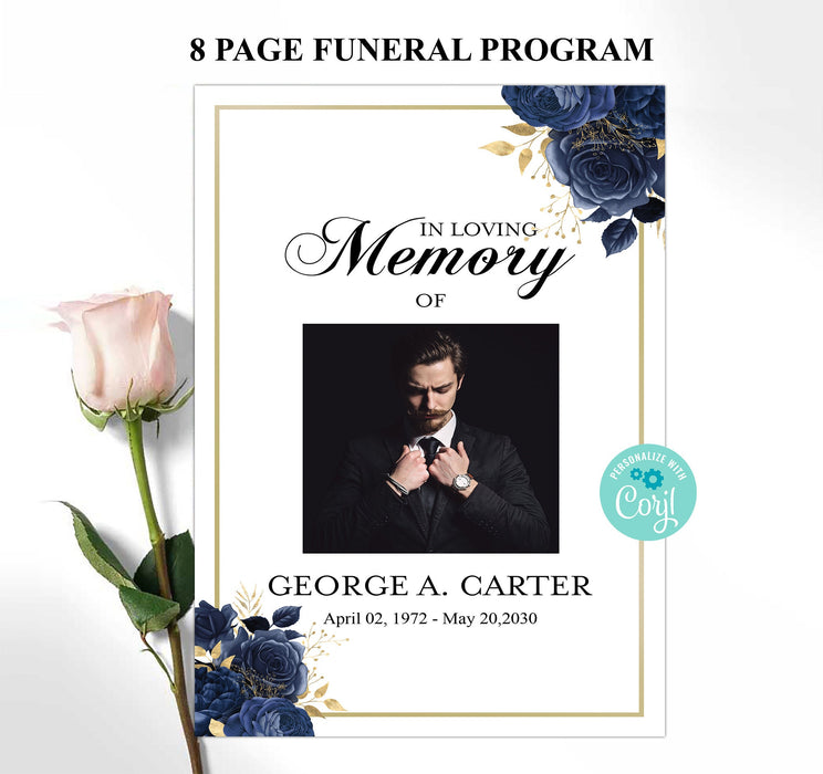 DIY 8 Page Funeral Program Template for Man With Pictures, Elegant Editable Navy Blue & Gold Rose Template Memorial Ceremony Brochure