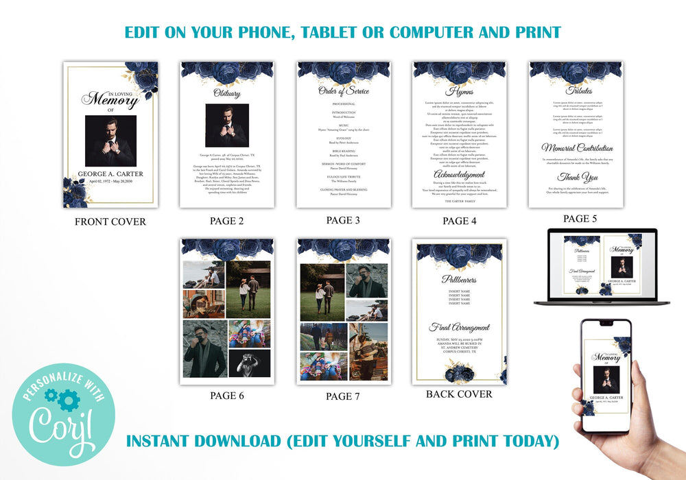 DIY 8 Page Funeral Program Template for Man With Pictures, Elegant Editable Navy Blue & Gold Rose Template Memorial Ceremony Brochure