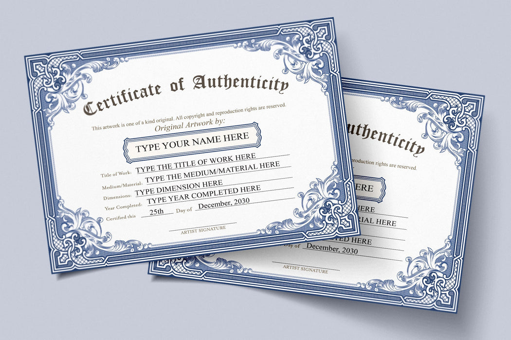 EDITABLE Certificate of Authenticity for Original Work, Blue Vintage Style DIY Authenticity Certificate