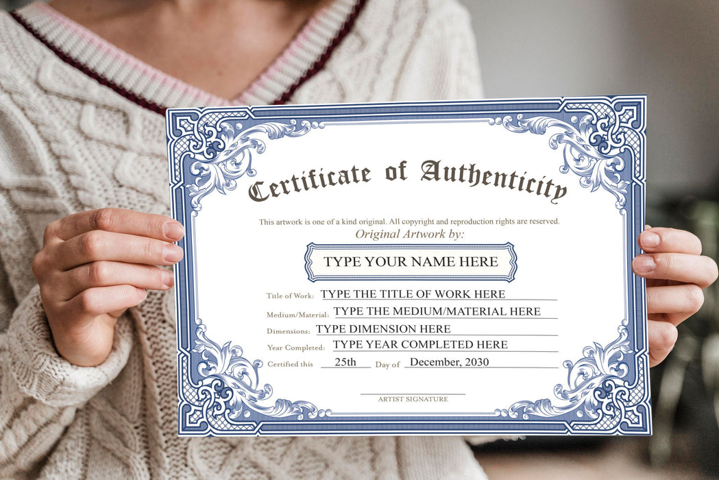 EDITABLE Certificate of Authenticity for Original Work, Blue Vintage Style DIY Authenticity Certificate