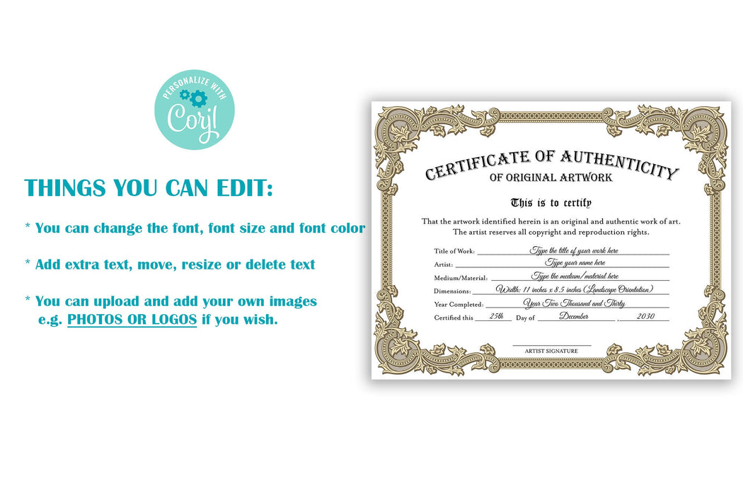 EDITABLE Certificate of Authenticity for Artwork, Diy Authenticity Certificate Brown Beige