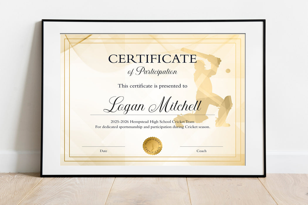 Editable Cricket Certificate Template, Printable Cricket Award for Team Sports