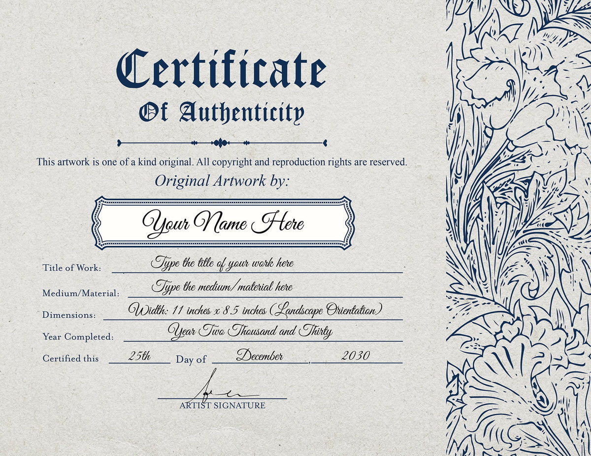 Customizable Certificate of Authenticity Template, Diy Editable Authen