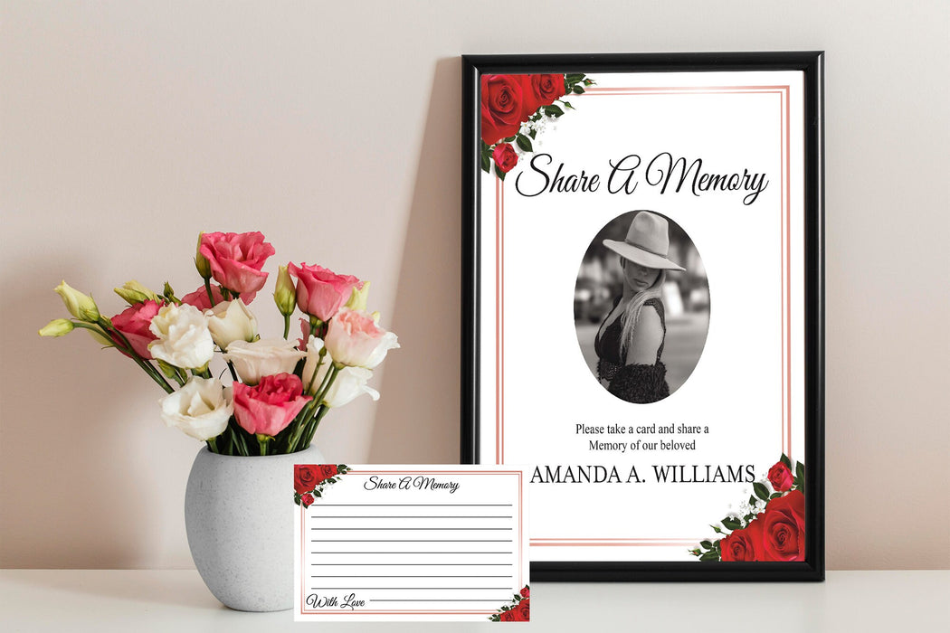 Editable Funeral Share a Memory Card and Sign, DIY Red Rose Funeral Template, Funeral Keepsake