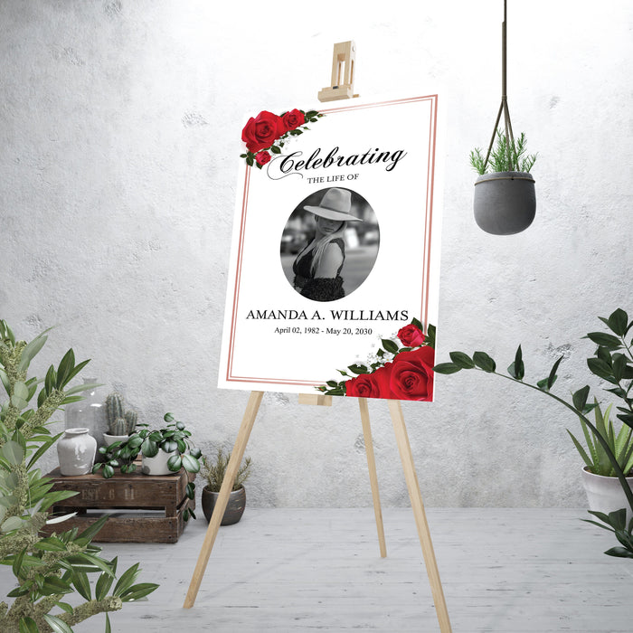 Editable Funeral Welcome Sign Template, Prinable Red Rose Memorial Service Sign and Funeral Decor