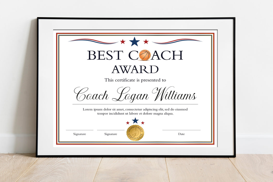 Downloadable Basketball Coach Certificate Template,  Best Basketball Coach  of the Year, Baseball Coach Recognition Award, Sports Coach