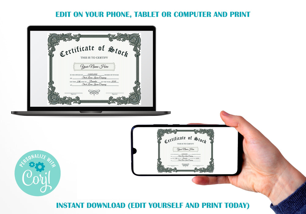 EDITABLE Certificate of Stock Template, Printable Green & White Stock Certificate Template, Vintage Style Stock Certificate DIY Template