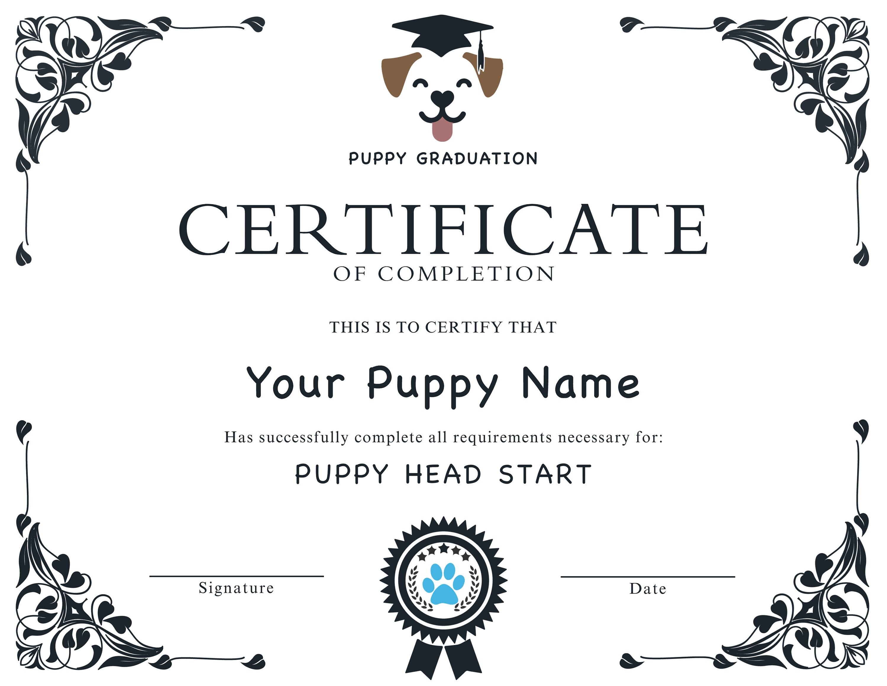 EDITABLE Puppy Dog Graduation Certificate Template, Downloadable Dog A
