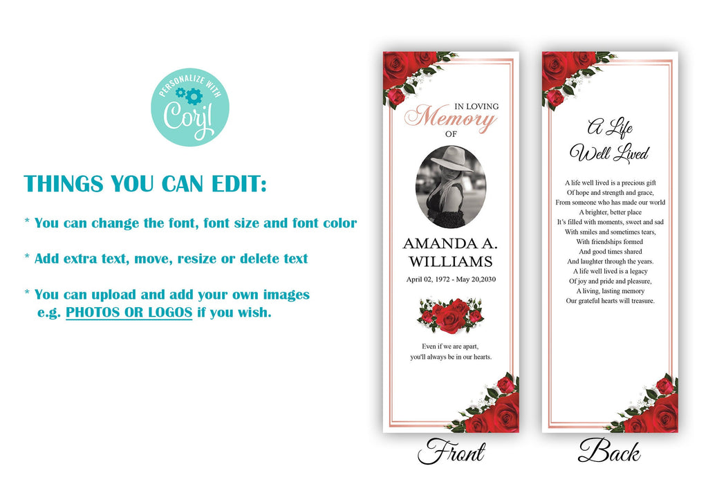 Editable Funeral Bookmark Template, Red Rose Obituary Bookmark Funeral Keepsake