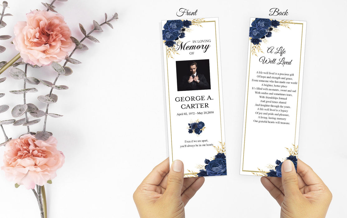 Editable Funeral Bookmark Template for Man, Blue and Gold Obituary Bookmark Funeral Keepsake