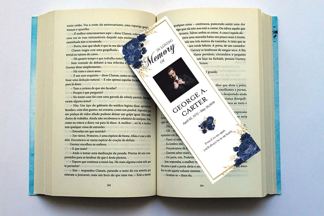 Editable Funeral Bookmark Template for Man, Blue and Gold Obituary Bookmark Funeral Keepsake