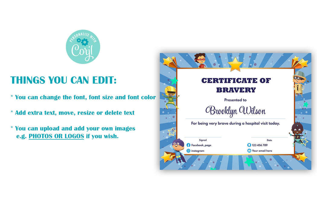 Printable Certificate of Bravery, Blue Editable Kids Certificate Template for Boys for Being Brave, Instant Download