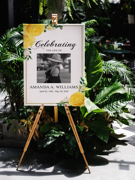 Editable Funeral Welcome Sign Template, Printable Yellow Rose Memorial Service Sign and Funeral Decor
