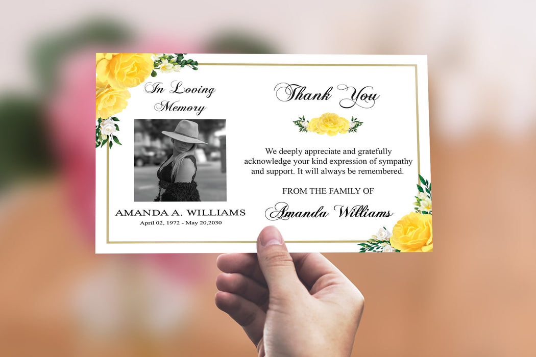 Editable Yellow Rose Funeral Thank You Card Template, Funeral Sympathy Card