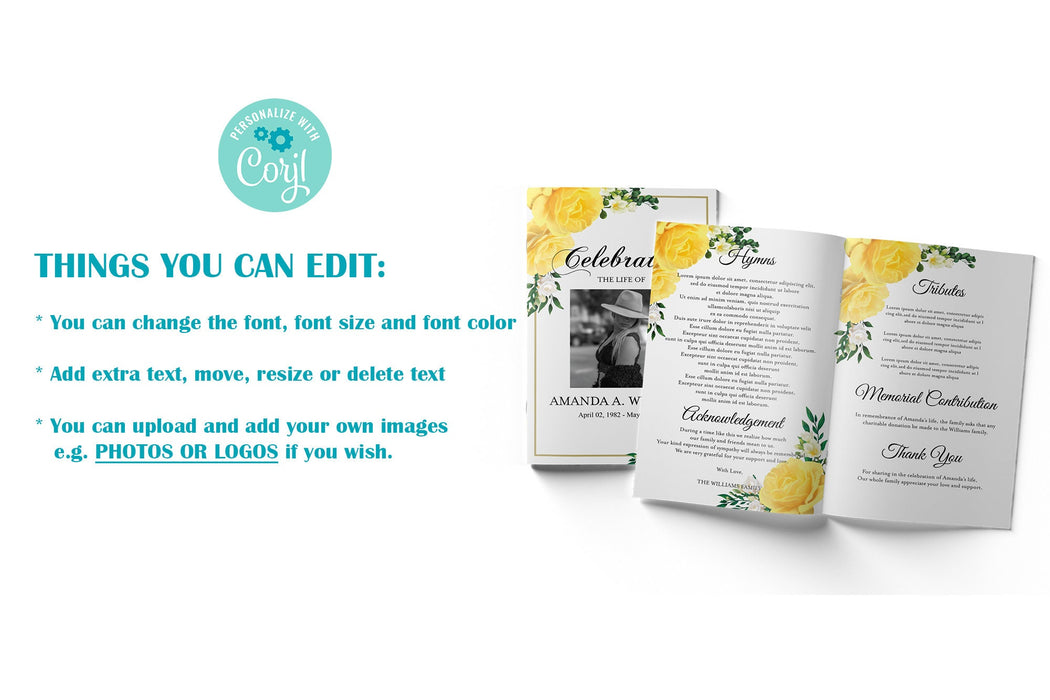 Editable 8 Page Funeral Program Download, Customizable Yellow Rose Funeral Template