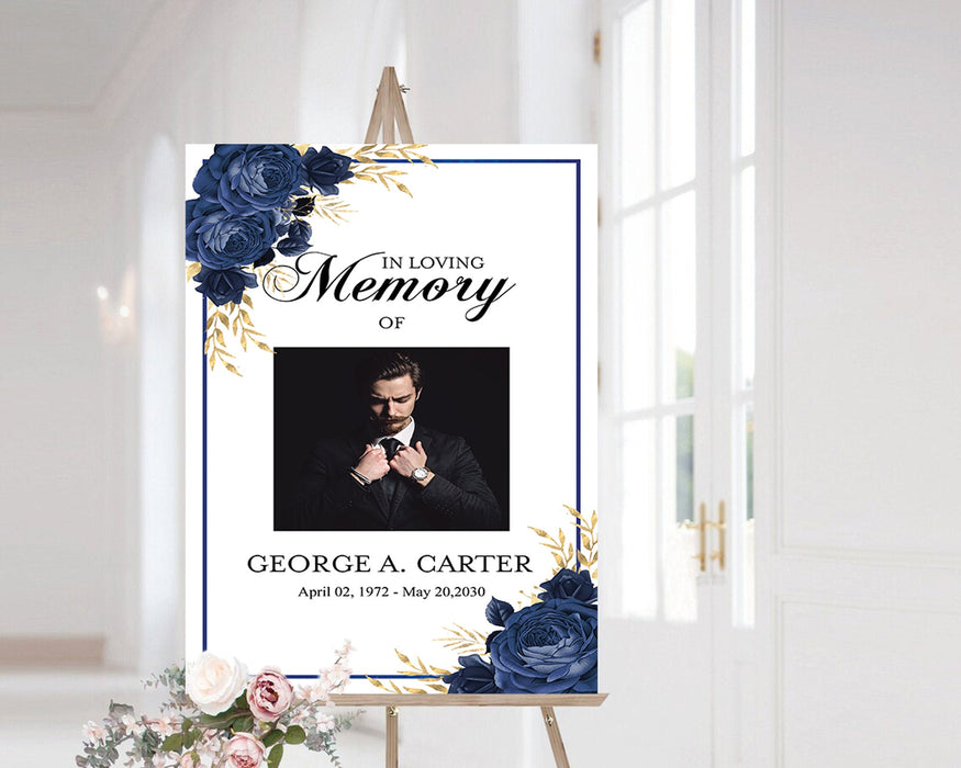 Editable Funeral Welcome Sign Template for Man, DIY Memorial Service Sign and Funeral Decor Navy Blue