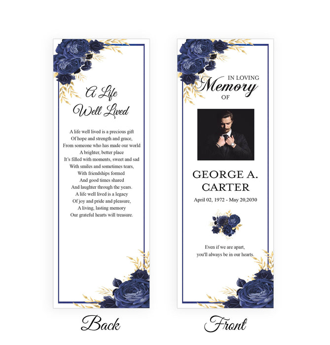 Editable Funeral Bookmark Template Printable, DIY Navy Blue Obituary Bookmark Funeral Keepsake
