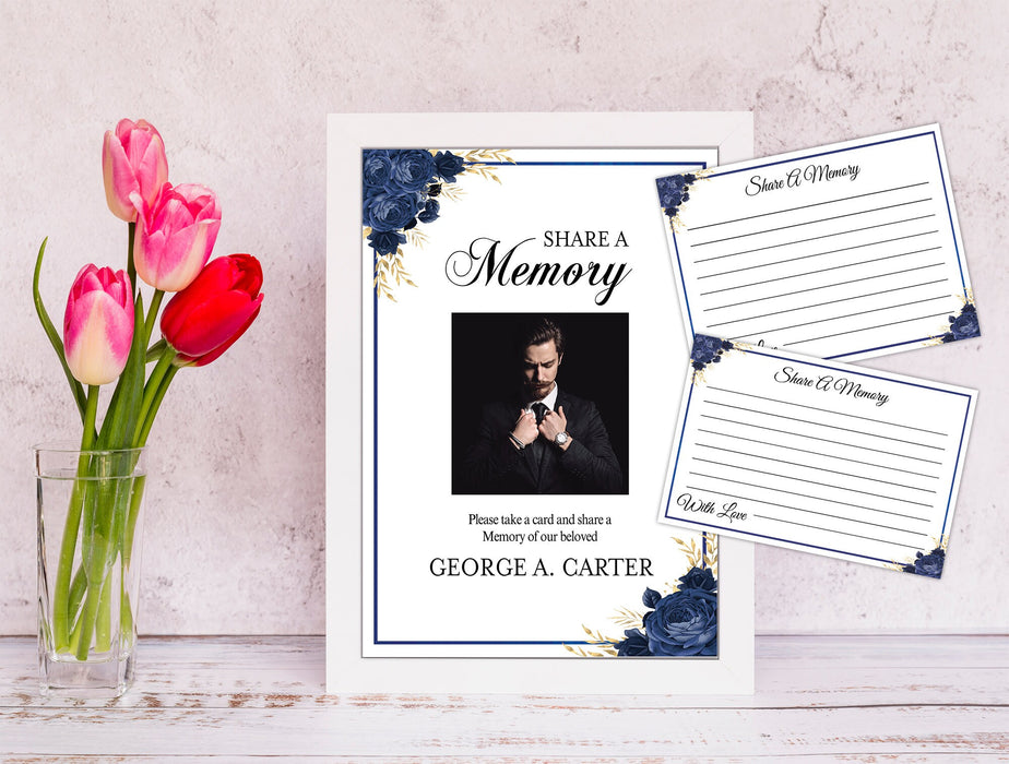 Editable Funeral Share a Memory Card and Sign, Downloadable Blue Rose Funeral Template, Funeral Keepsake