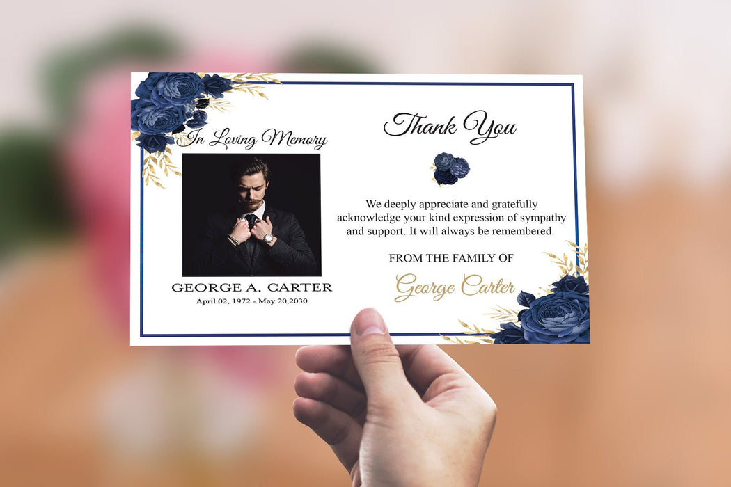 Blue Rose Thank You Cards Personalized with Photo, Funeral Thank You Masculine