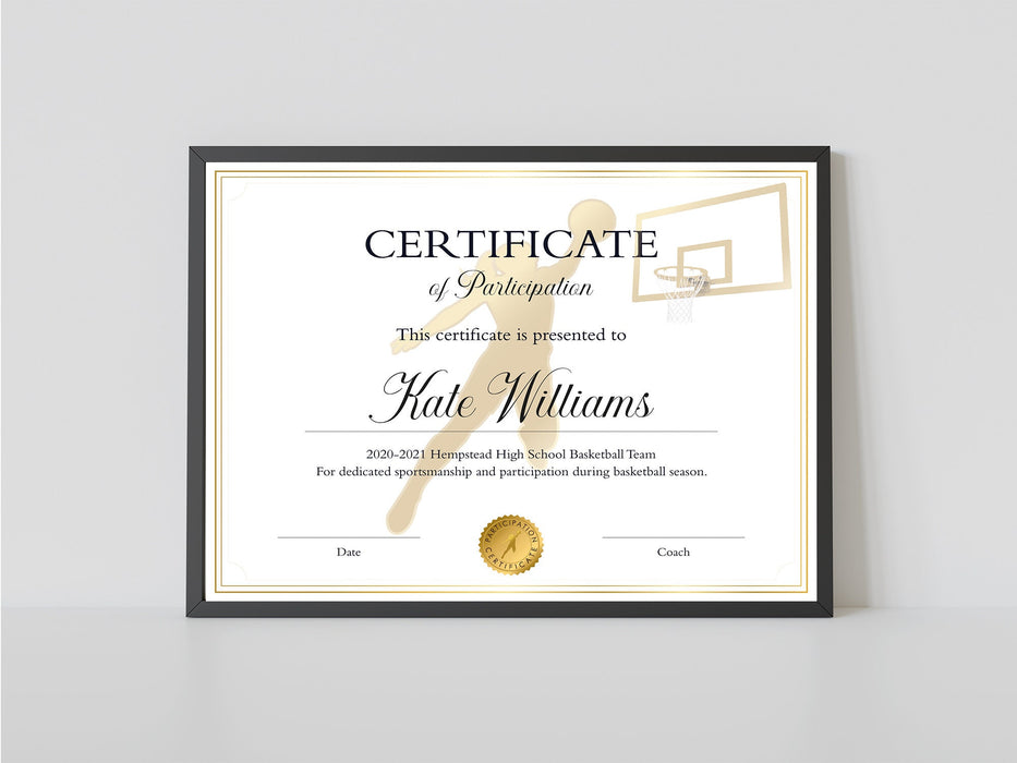 Editable Girls Basketball Certificate of Participation Template, Customizable Basketball Certificate Download,