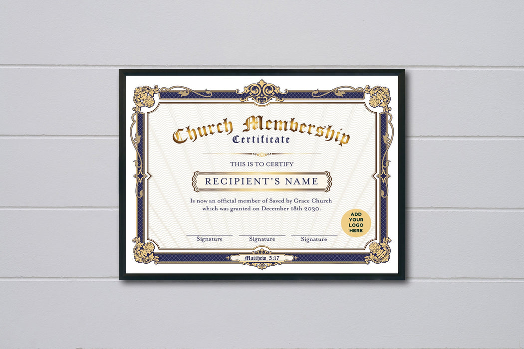 Editable Church Membership Certificate Template, DIY Blue and Gold Church Member Certificate