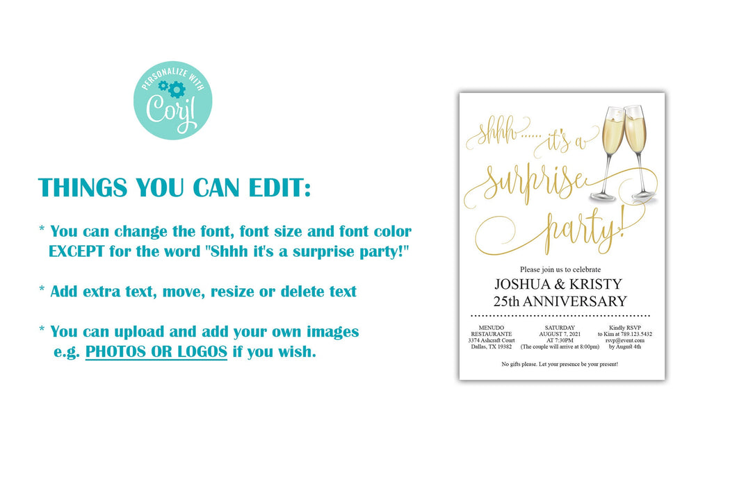 Editable Minimalist 25th Anniversary Surprise Invitations, DIY 25th Silver Wedding Anniversary Invitation, Anniversary Party Invitation Downloadable