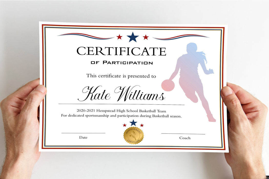 Editable Girl's Basketball Certificate Template, Customizable Red White Blue Basketball Participation Award, Sports Award