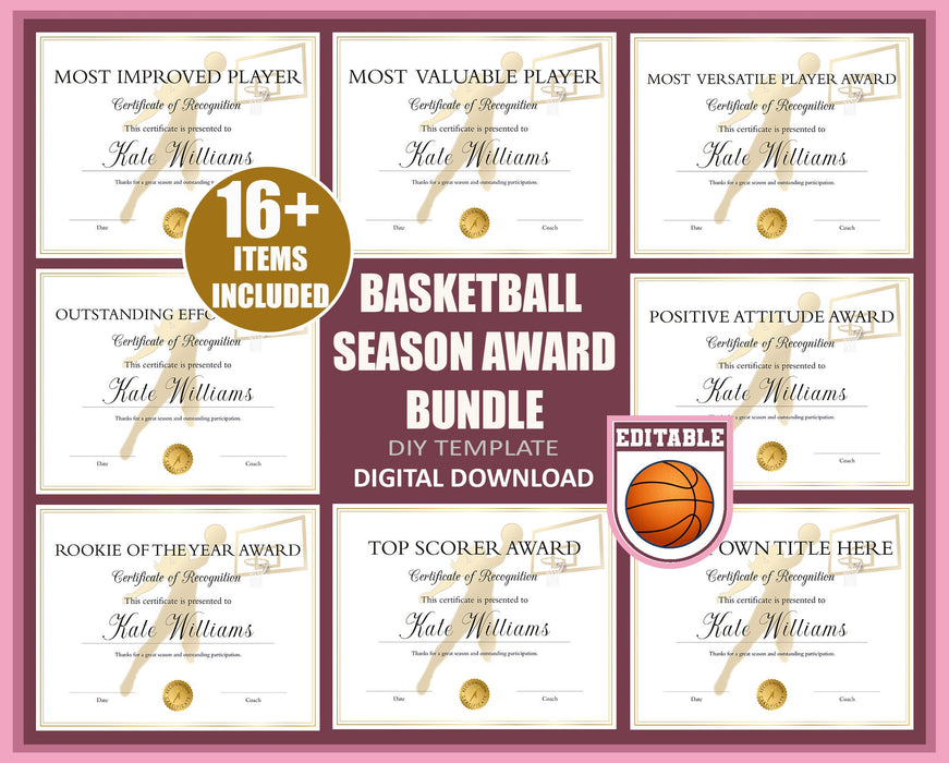 Editable End of Season Basketball Award Certificates for Girls Bundle