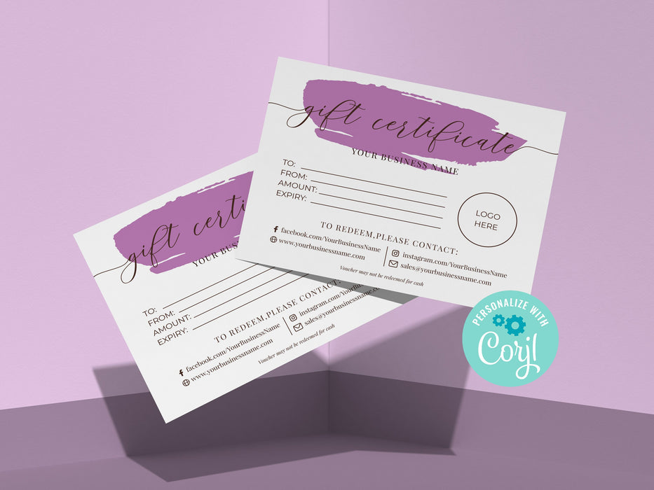 DIY Purple Minimalist Gift Certificate Template Digital File, Editable Thank You Gift Certificate Template Printable Gift Cards |Gift Certificate Template