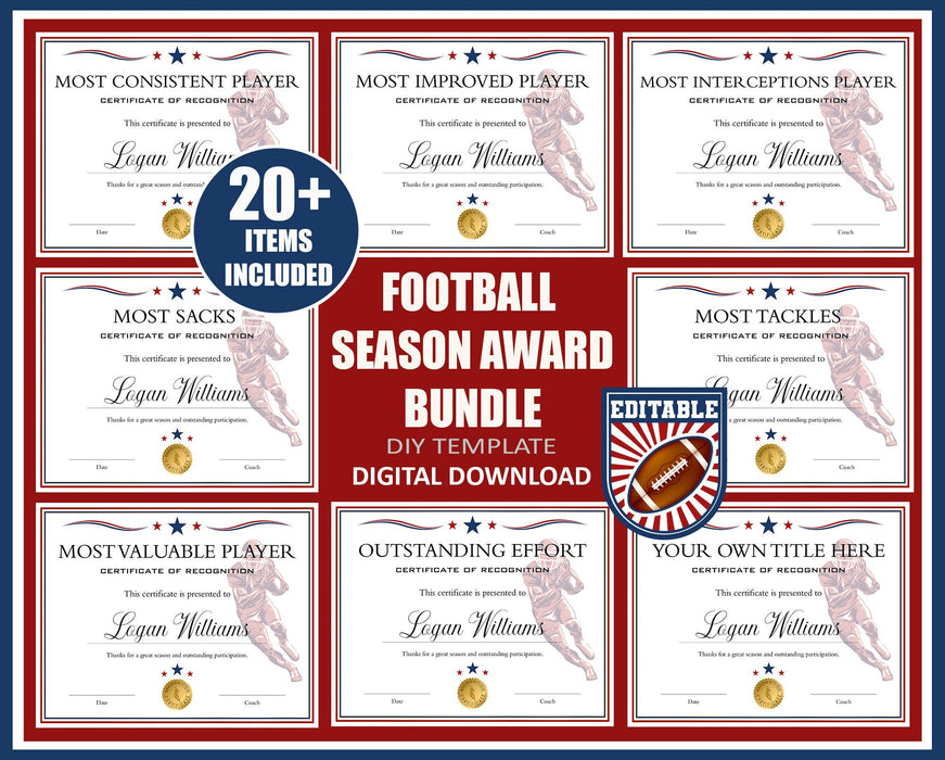 Editable End of Season Football Award Certificates Red White Blue Bundle