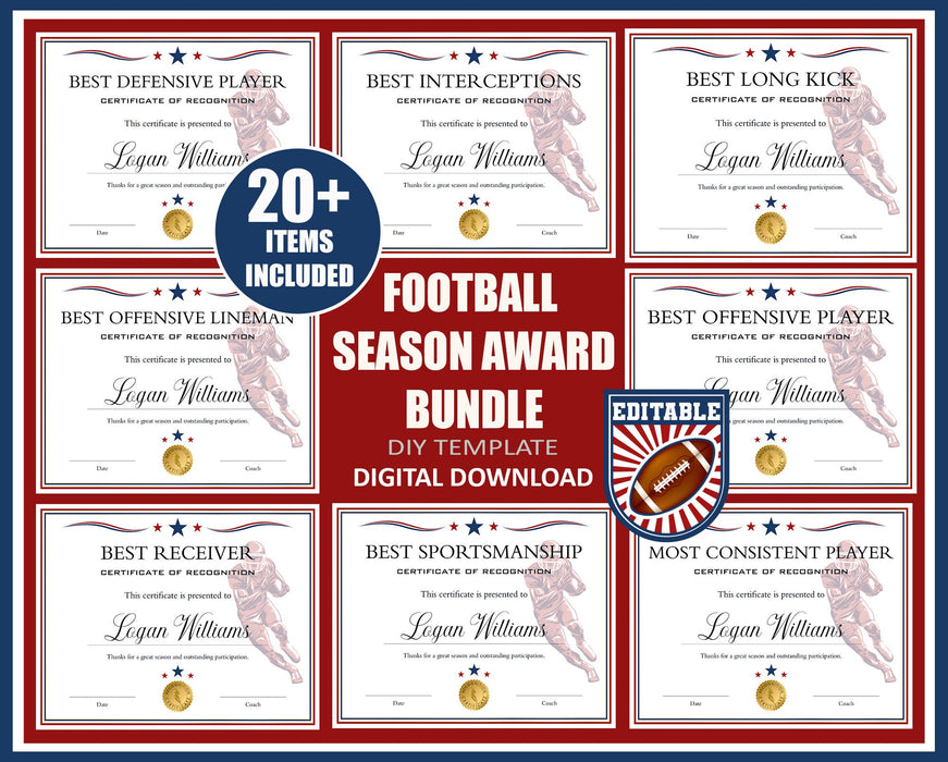 Editable End of Season Football Award Certificates Red White Blue Bundle